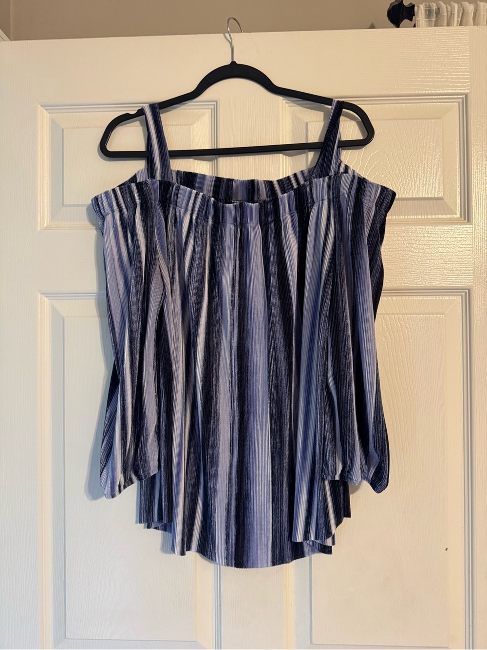 Blue Striped Off-Shoulder Blouse with Shoulder Straps